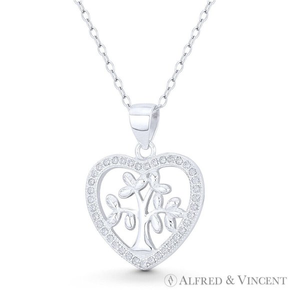 Heart & Tree-of-Life Charm CZ Crystal Pave Pendant in .925 Sterling Silver - Picture 1 of 1